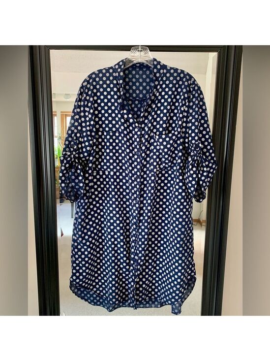 Tops - Navy Blue Lagenlook Polka Dot Button Down Tunic Shirt